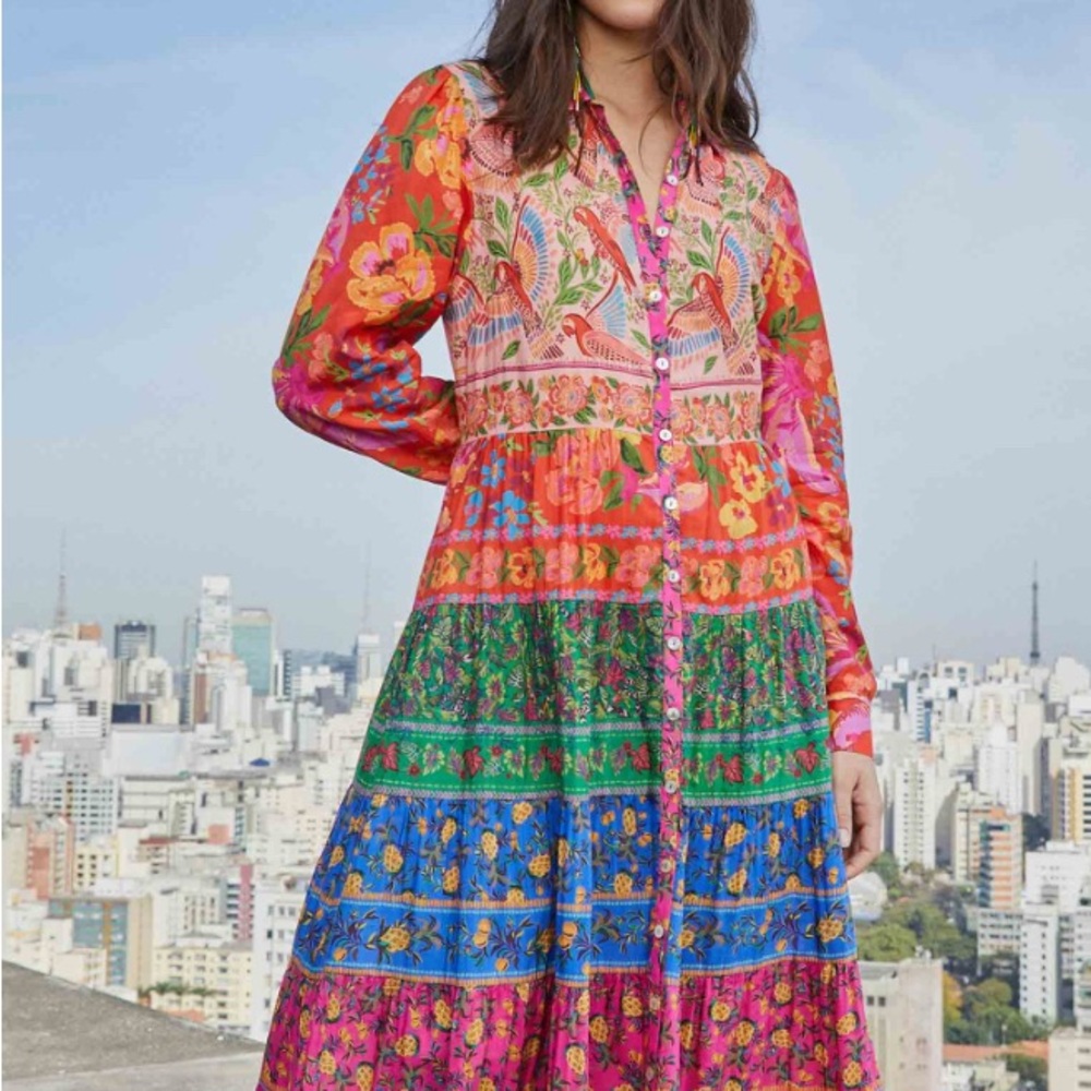Farm Rio mixed border prints long sleeve dress
